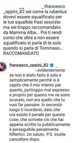 Francesco Oppini risposta Instagram